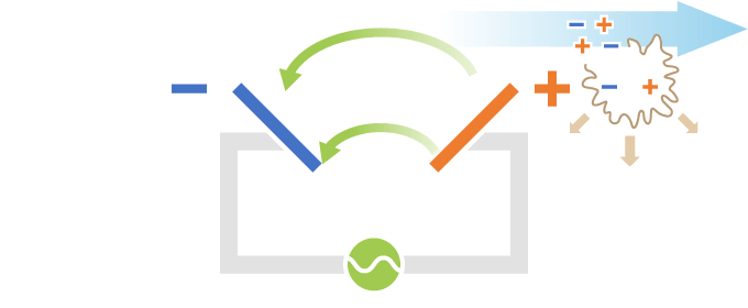 死菌のような下向きに向かう力が弱いものは左から右に流れる力に負けてしまい、電極に捕捉することができずに流されていきます。そのため、 生菌は捕捉され、死菌は流されて生菌のみ検出することができます。
